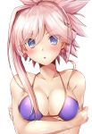  1girl asymmetrical_hair bangs blush breasts cleavage collarbone crossed_arms earrings eyebrows_visible_through_hair fate/grand_order fate_(series) hair_between_eyes highres jewelry long_hair looking_at_viewer medium_breasts miyamoto_musashi_(fate/grand_order) open_mouth pink_hair purple_bikini_top samoore shiny shiny_clothes sideboob solo tied_hair under_boob upper_body white_background 