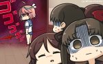  3girls ahoge ayanami_(kantai_collection) barefoot black_sailor_collar blood bloody_weapon brown_eyes brown_hair closed_eyes commentary_request dated empty_eyes eyebrows_visible_through_hair gae_bolg hair_between_eyes hamu_koutarou harukaze_(kantai_collection) highres holding holding_weapon i-58_(kantai_collection) kantai_collection long_hair multiple_girls old_school_swimsuit open_mouth pink_hair red_eyes remodel_(kantai_collection) sailor_collar scared school_swimsuit school_uniform serafuku shaded_face short_hair short_sleeves side_ponytail swimsuit swimsuit_under_clothes weapon 
