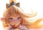  1girl blonde_hair blue_eyes blurry charlotta_fenia closed_mouth crown depth_of_field frown granblue_fantasy hair_between_eyes harvin long_hair pointy_ears portrait solo v-shaped_eyebrows white_background xion_(nyoxion) 