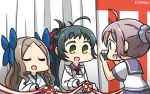  3girls ahoge anchor aoba_(kantai_collection) asakaze_(kantai_collection) black_hair black_neckwear blue_bow blue_eyes blue_hakama bow camera closed_eyes commentary_request curtains furisode green_eyes hakama hamu_koutarou highres holding holding_camera irako_(kantai_collection) japanese_clothes kantai_collection kappougi kimono light_brown_hair long_hair meiji_schoolgirl_uniform multiple_girls necktie open_mouth pink_shirt ponytail purple_hair purple_sailor_collar red_bow ribbon sailor_collar school_uniform scrunchie serafuku shirt smile upper_body wavy_hair 