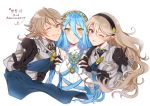  1boy 2girls anniversary aqua_(fire_emblem_if) blue_hair curly_hair dancer dress female_my_unit_(fire_emblem_if) fire_emblem fire_emblem_heroes fire_emblem_if grey_dress hairband hand_holding highres jewelry long_hair male_my_unit_(fire_emblem_if) mamkute multiple_girls my_unit_(fire_emblem_if) necklace nekolook one_eye_closed pendant pointy_ears red_eyes short_hair silver_hair simple_background smile veil white_dress yellow_eyes 