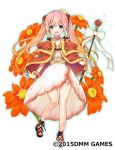  1girl :d bare_legs blue_eyes bow crown dress flower flower_knight_girl full_body gradient_hair holding holding_wand long_hair looking_at_viewer mini_crown multicolored_hair object_namesake official_art open_mouth orange_hair pink_hair sandals simple_background smile solo standing standing_on_one_leg tenmitsu_yuka tithonia_(flower_knight_girl) twintails wand white_background white_bow white_dress 