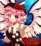  1girl :d animal_ears blue_background bow bowtie brown_dress brown_hat dress earrings frilled_sleeves frills hat jewelry looking_at_viewer mystia_lorelei open_mouth outstretched_hand pink_eyes pink_hair qqqrinkappp shikishi short_hair signature single_earring smile solo touhou traditional_media white_wings winged_hat wings 
