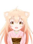  1girl absurdres ahoge animal_ears artist_request blonde_hair blush eyebrows eyebrows_visible_through_hair fang fox_ears highres japanese_clothes kimono konohana_kitan long_hair looking_at_viewer open_mouth simple_background solo teeth upper_body upper_teeth white_background yellow_eyes yuzu_(konohana_kitan) 