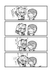  2girls :3 animal_ears bare_shoulders blonde_hair blush bow bowtie center_frills comic elbow_gloves eyebrows_visible_through_hair fingerless_gloves flying_sweatdrops fur_collar gloves grey_hair highres jaguar_(kemono_friends) jaguar_ears jaguar_print kemono_friends kotobuki_(tiny_life) multicolored_hair multiple_girls nose_blush one-piece_swimsuit otter_ears otter_tail short_hair short_sleeves small-clawed_otter_(kemono_friends) swimsuit tail translation_request white_hair 