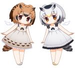 2girls alternate_costume angel_wings arms_at_sides bangs bare_arms bare_legs bare_shoulders bebeneko bird_tail blush brown_eyes brown_hair chibi collarbone commentary_request detached_wings dress eurasian_eagle_owl_(kemono_friends) expressionless eyebrows_visible_through_hair feathered_wings frilled_dress frills full_body gradient_hair grey_dress kemono_friends leaning_over legs_together looking_at_viewer multicolored_hair multiple_girls northern_white-faced_owl_(kemono_friends) orange_eyes sandals short_hair silver_hair simple_background sleeveless sleeveless_dress standing sundress symmetry tail white_background white_wings wings 