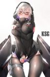  1girl arm_across_chest bangs black_jacket blush character_name cowboy_shot erect_nipples fingerless_gloves frown girls_frontline glasses gloves grey_eyes half-closed_eyes highres hood hoodie jacket jacket_tug ka941 ksg_(girls_frontline) long_hair looking_at_viewer rigging sidelocks silver_hair skindentation solo sunglasses thigh_strap white_hair 
