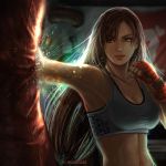 1girl armpits breasts brown_eyes brown_hair clenched_hands commentary crop_top dice9633 final_fantasy final_fantasy_vii fingerless_gloves gloves large_breasts long_hair midriff parted_lips punching punching_bag red_gloves shirt sports_bra tank_top taut_clothes taut_shirt tifa_lockhart 