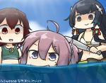  3girls ahoge aoba_(kantai_collection) baseball_bat bikini black_hair blue_scrunchie camera commentary_request crescent crescent_moon_pin dated gradient_hair hair_ribbon hair_tubes hamu_koutarou kantai_collection long_hair mizuho_(kantai_collection) multicolored_hair multiple_girls mutsuki_(kantai_collection) ocean partially_submerged partially_underwater_shot ponytail purple_hair redhead ribbon sarong scrunchie shaded_face short_hair sidelocks sweat swimsuit very_long_hair 