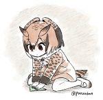  1girl artist_name bird_tail brown_eyes brown_hair coat commentary_request eurasian_eagle_owl_(kemono_friends) fur_collar head_wings kemono_friends long_sleeves multicolored_hair origami panzuban paper short_hair sitting solo twitter_username wariza 
