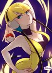  1girl arm_behind_back arm_up ass bangs bare_arms bare_shoulders black_choker blonde_hair blue_eyes breasts choker cleavage gym_leader hand_on_hip headphones holding holding_poke_ball kamitsure_(pokemon) looking_at_viewer medium_breasts poke_ball poke_ball_(generic) pokemon pokemon_(game) pokemon_bw solo tamaki_(tmk-poison) twitter_username 