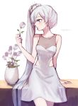  1girl blue_eyes dress earrings ecru flower jewelry ponytail rwby scar scar_across_eye solo twitter_username vase weiss_schnee white_background white_dress white_hair 