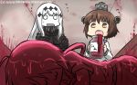  3girls :3 aircraft_carrier_water_oni black_gloves brown_hair commentary_request dated flying_sweatdrops gloves hair_ornament hallway hamu_koutarou headgear highres jam jar kako_(kantai_collection) kantai_collection long_hair multiple_girls neckerchief o_o open_mouth shinkaisei-kan sleeping teruyof turtleneck white_hair yukikaze_(kantai_collection) 