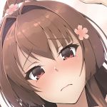  1girl arm_up blush brown_eyes close-up closed_mouth embarrassed flower hair_between_eyes hair_flower hair_intakes hair_ornament kantai_collection kochipu looking_at_viewer ponytail solo yamato_(kantai_collection) 