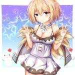  1girl bare_shoulders blanc blonde_hair blue_eyes blush breasts cleavage coat collarbone commentary_request dress fur-trimmed_coat fur_trim highres looking_at_viewer medium_breasts neptune_(series) ray_726 shin_jigen_game_neptune_vii short_hair smile snowman solo spaghetti_strap star starry_background v white_dress 