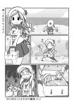  3girls beret bird blank_eyes bread chibi clouds comic commandant_teste_(kantai_collection) crying dated drill_hair eating fairy_(kantai_collection) flying_sweatdrops food greyscale hat horizon jacket kantai_collection lunchbox ma_rukan monochrome multiple_girls ocean open_mouth plaid plaid_scarf scarf seagull silent_comic speech_bubble tears translation_request 