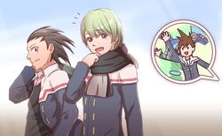  3boys bangs black_hair black_scarf brown_hair closed_mouth commentary_request eyebrows_visible_through_hair futaba_tsukasa green_hair hair_between_eyes hoshikawa_subaru_(rockman) jack_(ryuusei_no_rockman) jacket light_smile long_hair male_focus multiple_boys older open_mouth ponytail rockman ryuusei_no_rockman scarf smile spiky_hair violet_eyes warrock waving waving_arm 