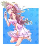 1girl breasts brown_eyes brown_hair cleavage dress hat heterochromia ice_cream_cone iesupa multicolored_hair neo_(rwby) pink_eyes pink_hair ribbon rwby sandals solo white_ribbon 
