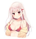  1girl bangs blush bow breasts cardigan cleavage collarbone cropped_torso eyebrows_visible_through_hair floating_hair hair_bow head_tilt highres long_hair mafuyu_(chibi21) medium_breasts open_cardigan open_clothes open_mouth original red_bikini_top red_bow red_eyes shiny shiny_hair shiny_skin silver_hair simple_background solo upper_body white_background yellow_cardigan 