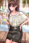  1girl alternate_costume bangs black_skirt blouse blush breasts casual closed_mouth collarbone cup day eyebrows_visible_through_hair fountain girls_frontline hair_ribbon half_updo hand_on_hip high-waist_skirt holding holding_cup leaning long_hair looking_at_viewer loose_blouse off_shoulder one_side_up outdoors purple_hair red_eyes ribbon see-through skirt solo sweat tank_top testame tsurime very_long_hair wa2000_(girls_frontline) white_blouse white_tank_top zipper_skirt 