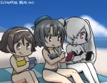  3girls beach beret bikini black_hair brown_hair cellphone commentary_request dated day hair_over_one_eye hairband hamu_koutarou hat kantai_collection long_hair multiple_girls phone red_eyes shade shinkaisei-kan short_hair smartphone southern_ocean_war_hime strapless strapless_bikini swimsuit takao_(kantai_collection) tanikaze_(kantai_collection) twintails white_hair white_skin yellow_eyes 