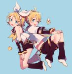  1boy 1girl :d artist_name azit_(down) banana bare_shoulders belt blonde_hair blue_background blue_eyes bow brother_and_sister detached_sleeves floating food fruit hair_bow hair_ornament hairclip hands_on_own_knees hands_together headphones headset highres kagamine_len kagamine_rin knees_together_feet_apart leg_warmers looking_at_viewer mandarin_orange necktie open_mouth sailor_collar sailor_shirt shirt short_hair short_ponytail shorts siblings signature sleeveless sleeveless_shirt smile treble_clef twins vocaloid yellow_neckwear 