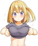  1girl blonde_hair blush breasts dairininn highres large_breasts looking_at_viewer navel shirt shirt_lift short_hair side_ponytail simple_background solo violet_eyes white_background 