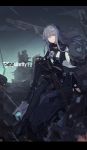  1girl ak-12 ak-12_(girls_frontline) assault_rifle bangs black_gloves boots braid breasts cloak eyebrows_visible_through_hair french_braid full_body gas_mask girls_frontline gloves glowing glowing_eyes gun hand_on_own_knee highres holding holding_gun holding_weapon jacket knee_up letterboxed long_hair long_sleeves looking_at_viewer machinery mai_(xskdizzy) medium_breasts outdoors pants rain ribbon rifle sidelocks silver_hair smile solo very_long_hair violet_eyes weapon 