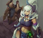  1girl arm_belt arms_at_sides bangs belt blue_eyes breasts charge_blade closed_mouth collarbone commentary_request fur_trim gauntlets glowing hair_between_eyes hairband highres horn insect_cage jewelry kirin_(armor) lips loincloth long_hair looking_to_the_side medium_breasts monster_hunter monster_hunter:_world navel pendant ponytail satoshi1923 shield sidelocks smile solo sports_bra standing stomach sword thigh-highs upper_body weapon white_hair 