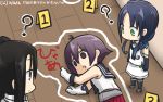  3girls ? blue_hair chalk_outline commentary_request corpse crime_scene dated death dying_message elbow_gloves gloves hair_ribbon hamu_koutarou highres kantai_collection long_hair low_twintails multiple_girls nachi_(kantai_collection) purple_hair ribbon sakawa_(kantai_collection) school_uniform serafuku side_ponytail sidelocks sleeveless suzukaze_(kantai_collection) thigh-highs twintails 