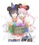  1boy 1girl animal_ears bangs black_hair black_legwear blue_eyes blue_hat blue_shorts bow bowtie bracelet collared_shirt commentary_request cosplay couple darling_in_the_franxx denim denim_shorts fang green_eyes hair_ornament hat hetero high_ponytail highres hiro_(darling_in_the_franxx) holding holding_map jacket jewelry leje39 long_hair map mickey_mouse mickey_mouse_(cosplay) open_clothes open_jacket open_mouth pantyhose pink_hair ponytail rat_ears reading red_shirt shirt short_hair shorts sleeves_rolled_up striped striped_shirt white_jacket wing_collar zero_two_(darling_in_the_franxx) 