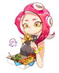  1girl agent_8 breasts closed_mouth food holding hot_dog long_hair medium_breasts octarian octoling q_(pixiv31467921) redhead simple_background sleeveless solo sparkle splatoon splatoon_2 splatoon_2:_octo_expansion takoyaki tempura tentacle_hair upper_body white_background wristband yellow_eyes zipper_pull_tab 