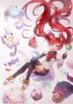  1girl alternate_costume asymmetrical_gloves cake candy chiroyo cupcake elbow_gloves food gloves hair_ornament jinx_(league_of_legends) league_of_legends long_hair looking_at_viewer magical_girl navel red_eyes redhead shorts solo star_guardian_jinx thigh-highs twintails watermark 
