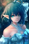  1girl ahoge bare_shoulders blue_eyes blue_hair breasts bride commentary_request crescent crescent_hair_ornament elf hair_ornament kom_(water0371) looking_at_viewer pointy_ears rena_lanford short_hair small_breasts solo star_ocean star_ocean_the_second_story upper_body 