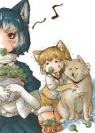  &gt;_&lt; 2girls animal_ears blue_eyes bowl broccoli collared_shirt commentary_request dog dog_(kemono_friends) dog_ears dog_tail eating elbow_gloves eyebrows_visible_through_hair fur_collar gloves harness highres jacket kemono_friends kneeling multiple_girls musical_note necktie pet_bowl pleated_skirt scarf shirt short_sleeves shorts siberian_husky_(kemono_friends) skirt tail tears tikano trembling vest 
