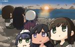  3girls alternate_hairstyle black_hair black_sailor_collar black_skirt blue_sky brown_hair clouds commentary_request dated empty_eyes eyebrows_visible_through_hair fubuki_(kantai_collection) green_eyes hair_ornament hamu_koutarou hat highres i-400_(kantai_collection) kantai_collection long_hair matsuwa_(kantai_collection) multiple_girls ocean open_mouth outdoors pleated_skirt remodel_(kantai_collection) sailor_collar sailor_hat school_uniform serafuku short_hair short_ponytail short_sleeves sitting skirt sky sun sunrise tan tanline tears torn_clothes violet_eyes white_hat 