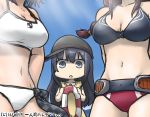  3girls akatsuki_(kantai_collection) anchor_symbol bikini black_hair blue_sky braid breast_envy breasts brown_hair checkered checkered_neckwear collarbone commentary_request dated day flat_cap hair_between_eyes hamu_koutarou hat head_out_of_frame ichininmae_no_lady kantai_collection large_breasts lifebuoy long_hair multiple_girls navel necktie noshiro_(kantai_collection) one-piece_swimsuit out_of_frame sky swimsuit tenryuu_(kantai_collection) white_bikini 