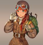  1girl absurdres backpack bag bangs belt braid damiaodi earrings gloves goggles goggles_on_head green_eyes hair_over_shoulder hat highres jewelry long_hair looking_at_viewer orange_hair parted_lips pilot_suit single_braid solo stud_earrings wrench zipper zipper_pull_tab 