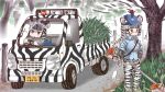  2girls adapted_costume animal_ears animal_print black_gloves black_hair blue_shirt breast_poke brown_eyes collared_shirt commentary driving eighth_note english_commentary extra_ears gloves goggles grevy&#039;s_zebra_(kemono_friends) grey_shirt ground_vehicle hat kemono_friends license_plate long_hair long_sleeves motor_vehicle multicolored_hair multiple_girls musical_note necktie outdoors plains_zebra_(kemono_friends) poking shirt short_over_long_sleeves short_sleeves steering_wheel tail tanaka_kusao tree truck two-tone_hair weeds white_hair zebra_ears zebra_print zebra_tail 