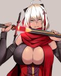  1girl absurdres ahoge arm_guards black_bow bow breasts cleavage_cutout dark_skin fate/grand_order fate_(series) hair_between_eyes hair_bow highres holding holding_sword holding_weapon katana koha-ace large_breasts long_hair looking_at_viewer okita_souji_(alter)_(fate) okita_souji_(fate)_(all) over_view_(cam) red_scarf scarf short_hair solo sword tassel weapon white_hair yellow_eyes 