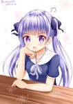  1girl :o arm_rest arm_support bangs black_bow black_shirt blush bow commentary_request dated eyebrows_visible_through_hair grey_ribbon hair_bow highres long_hair looking_at_viewer neck_ribbon new_game! open_mouth purple_hair ribbon shirt short_sleeves solo suzukaze_aoba table twintails twitter_username very_long_hair violet_eyes zenon_(for_achieve) 