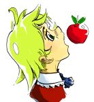  1girl apple blonde_hair dress drsunshine food fruit green_eyes open_mouth original red_dress upper_body 