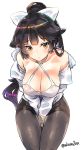  1girl akaza azur_lane bangs bare_shoulders between_legs black_hair blush bow breasts cleavage collarbone criss-cross_halter hair_between_eyes hair_bow hair_flaps halterneck hand_between_legs highres hips jacket large_breasts long_hair looking_at_viewer military_jacket off_shoulder pantyhose ponytail seiza shiny shiny_hair sitting solo swimsuit swimsuit_under_clothes takao_(azur_lane) thighband_pantyhose thighs white_bow white_jacket white_swimsuit yellow_eyes 