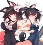  2girls animal_ears azur_lane black_hair black_swimsuit blue_swimsuit breasts cat_ears cat_tail commentary_request cowboy_shot fox_mask large_breasts long_hair mask mask_on_head medium_breasts multiple_girls nail_polish name_tag paw_pose red_eyes school_swimsuit shigure_(azur_lane) short_hair simple_background swimsuit tail white_background wolf_ears wolf_tail yamashiro_(azur_lane) yukishiro_arute 