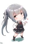  1girl artist_name brown_eyes chibi collared_shirt commentary_request dress dress_shirt fuji_(pixiv24804665) full_body grey_hair hand_on_own_hip highres kantai_collection kasumi_(kancolle) long_hair neck_ribbon pinafore_dress red_ribbon ribbon shirt side_ponytail simple_background sleeveless sleeveless_dress smile solo standing white_background white_shirt 