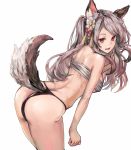  1girl animal_ears ass azur_lane bare_shoulders bent_over breasts cowboy_shot dog_ears dog_tail eyebrows_visible_through_hair flower grey_hair hair_flower hair_ornament highres juu_roku_gen long_hair medium_breasts open_mouth red_eyes sarashi simple_background solo tail thighs thong underwear underwear_only white_background yuudachi_(azur_lane) 