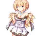  1girl bare_shoulders blanc blonde_hair blue_eyes blush breasts cleavage coat collarbone dress fur-trimmed_coat fur_trim highres looking_at_viewer medium_breasts neptune_(series) ray_726 shin_jigen_game_neptune_vii short_hair simple_background smile solo spaghetti_strap v white_background white_dress 