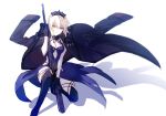  1girl artoria_pendragon_(all) artoria_pendragon_(swimsuit_rider_alter) black_coat black_dress black_gloves braid dress fate/grand_order fate_(series) french_braid gloves gun kneeling rifle saber_alter thigh-highs tiara weapon xia_(ryugo) yellow_eyes 