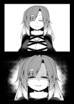  1girl 2koma aura breasts closed_mouth comic commentary_request dark_aura dress eyebrows eyebrows_visible_through_hair face gradient_hair greyscale hijiri_byakuren horror_(theme) huge_breasts layered_dress long_hair monochrome multicolored_hair narrowed_eyes pov smile touhou turtleneck upper_body zetsumame 