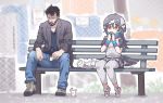 1boy 1girl bag bench blue_scarf commentary cup disposable_cup eating english_commentary eyebrows_visible_through_hair gradient_scarf grey_hair grey_legwear grey_skirt grey_vest hair_between_eyes head_wings keanu_reeves kemono_friends long_hair meme miniskirt multicolored multicolored_clothes multicolored_scarf orange_eyes outdoors pantyhose pink_footwear plastic_bag pleated_skirt purple_scarf rock_pigeon_(kemono_friends) scarf short_sleeves sitting sitting_on_bench skirt tanaka_kusao vest wire_fence wristband 